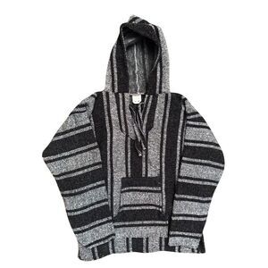 Vintage 90s Grey Black Stripe Indie Skater Grunge Mexican Poncho Baja Hoodie M